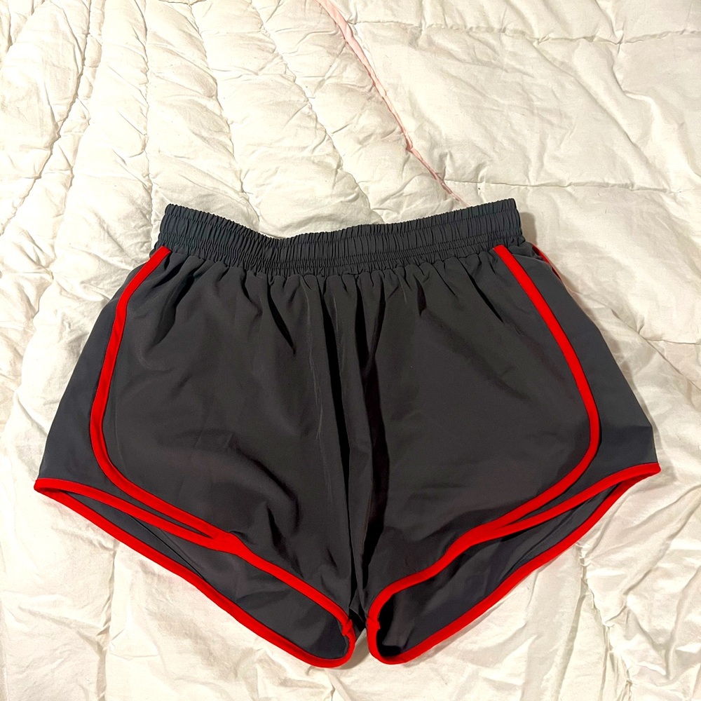 PE Nation Running Shorts. Charcoal Gray and Red.